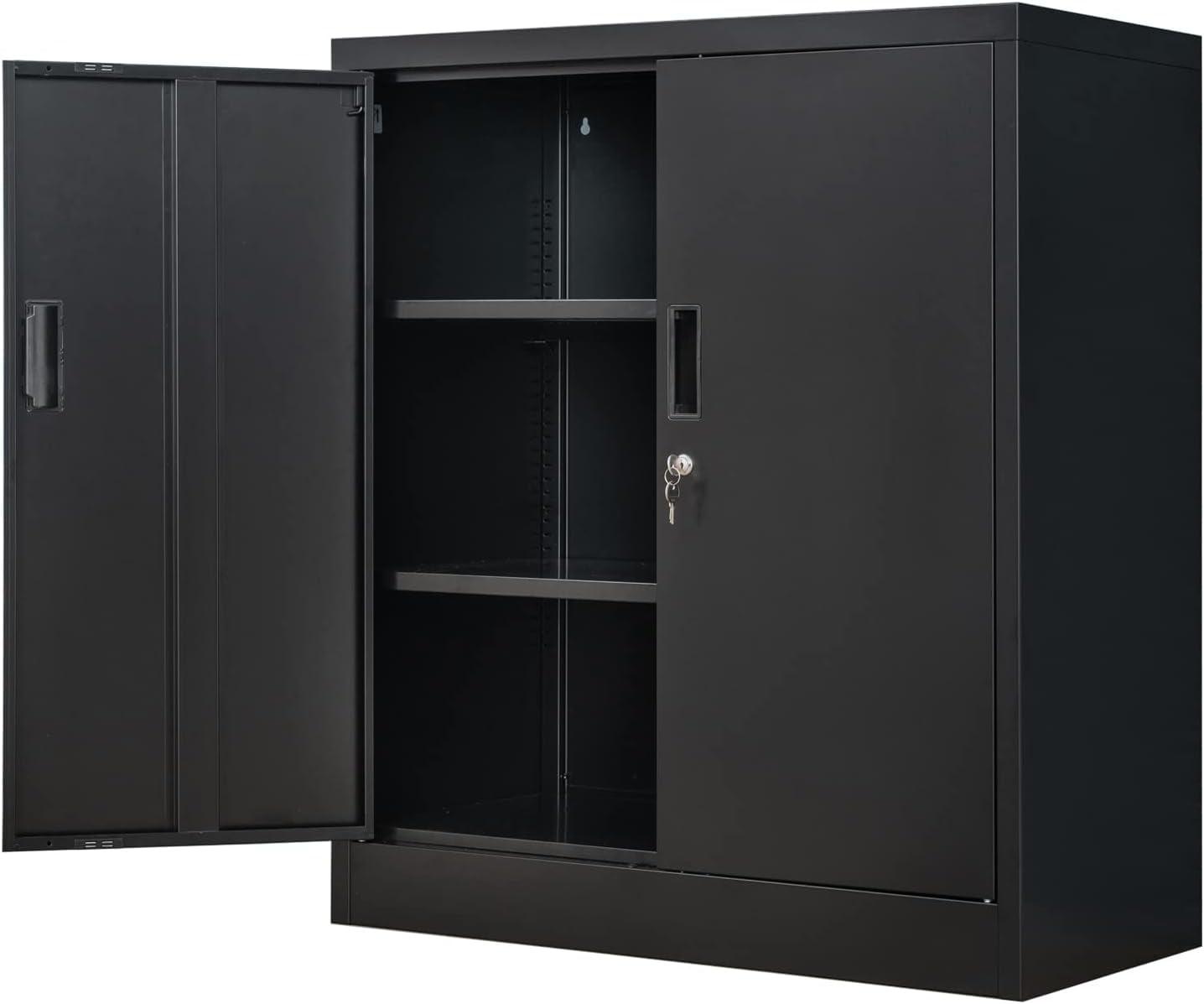 Metal Storage Cabinets with Shelves and Doors, Steel Locking Storage Cabinet for Home Office, Garage, Utility Room and Basement, 36.2" H x 31.5" W x 15.7" D (Black)