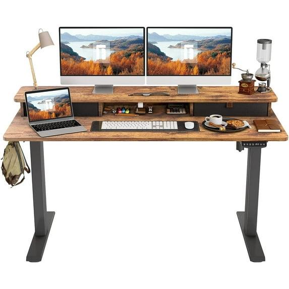 Agilestic Adjustable Height Electric Standing Desk with Storage Wooden Drawer, 55 x 24 Inches Stand Up Home Office Computer Gaming Table for Work Office Home, Rustic Brown