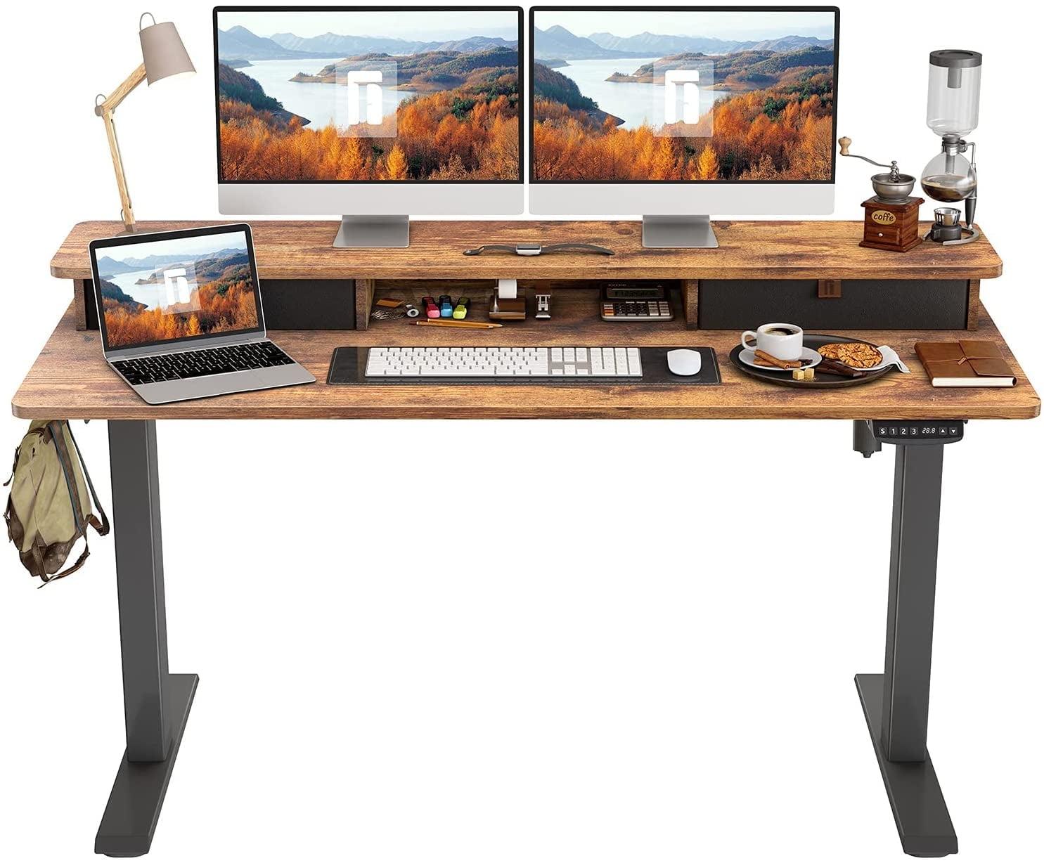 Rustic Brown Adjustable Height Standing Desk with Drawers and Shelf