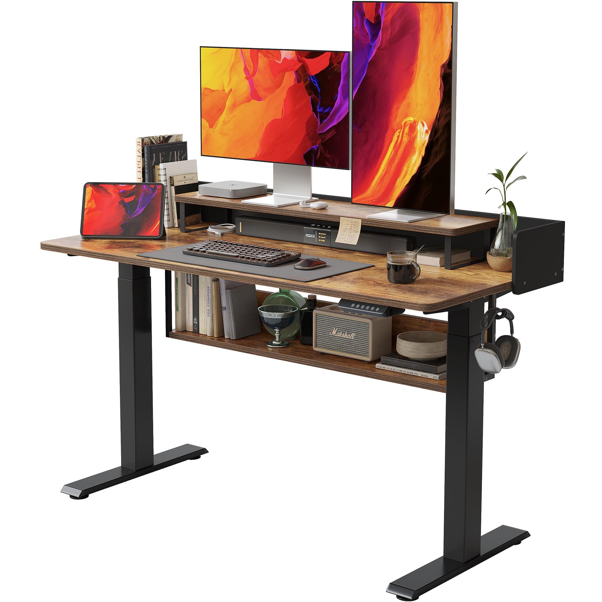 Rustic Brown Adjustable Height Standing Desk with Drawers and Shelf