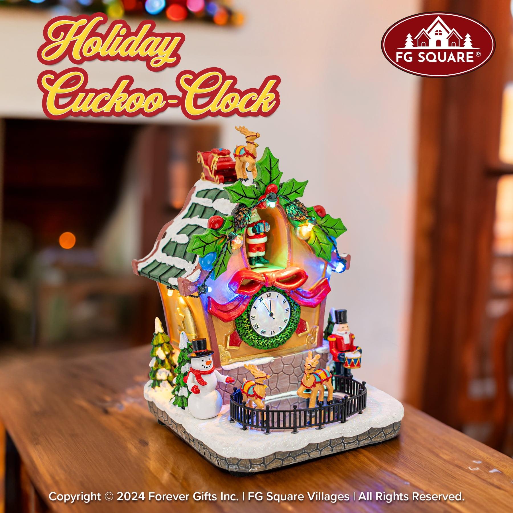 FG Square Holiday Cuckoo Clock Santa Reindeer LED Lighted Animated Christmas Village with Sound and Motion 6" x 6" x 8"