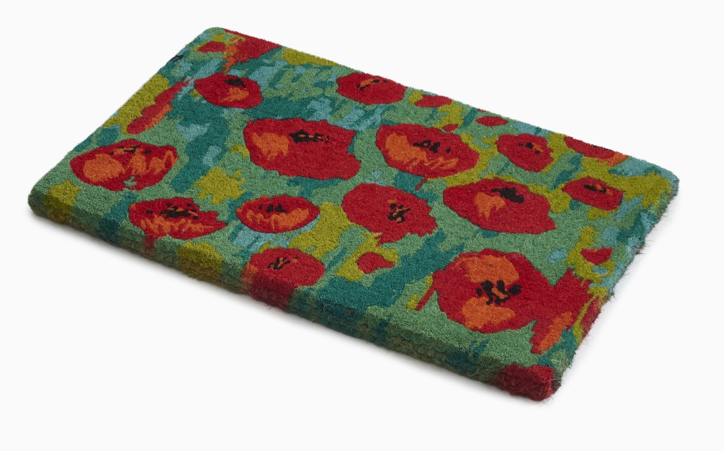 FH Home Floral Extra Thick Doormat - Handwoven, Durable - Natural Coir - Entryway, Front Door, Porch, Patio - Field of Poppies Red (18" x 30" Thick)