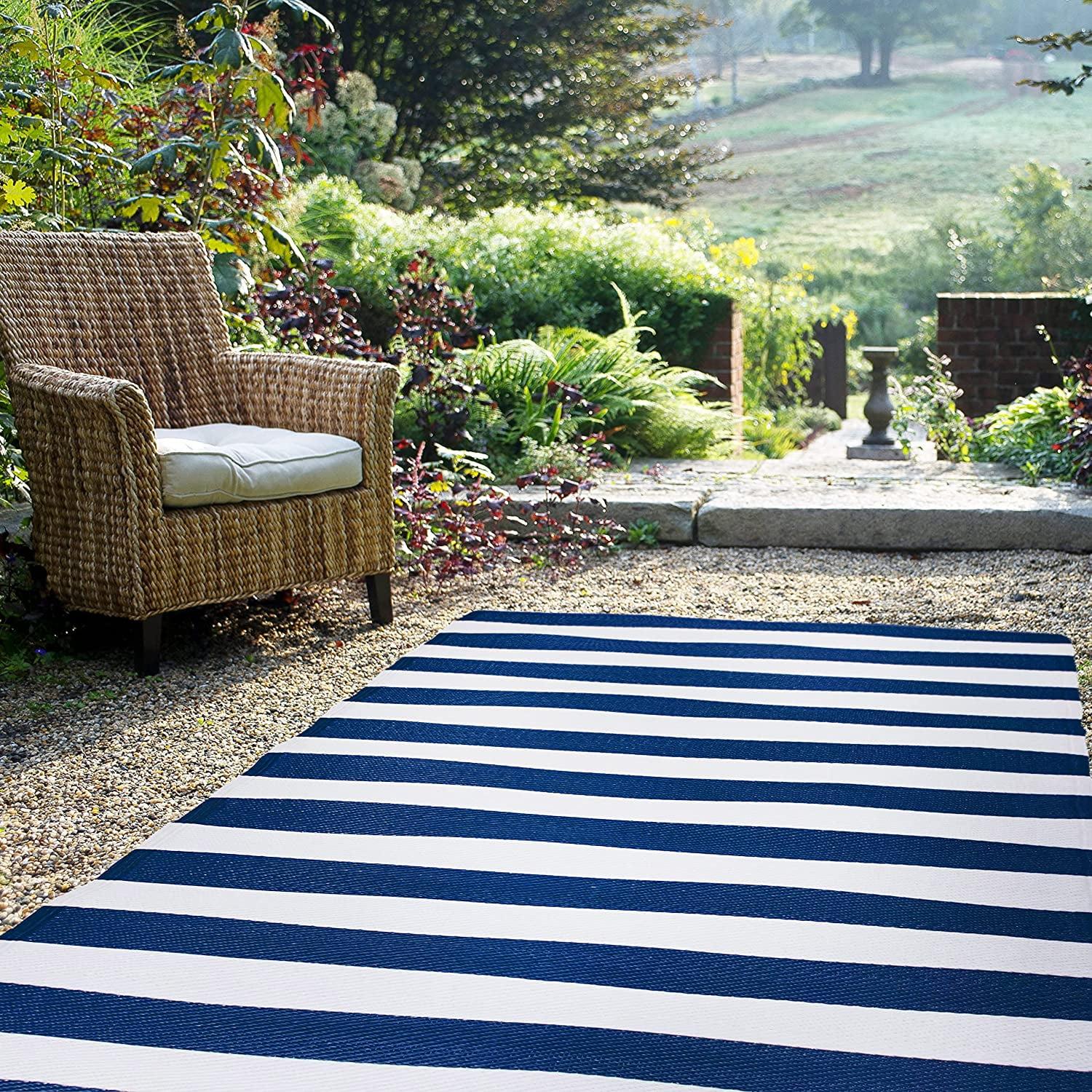 FH Home Outdoor Rug - Waterproof, Fade Resistant, Crease-Free - Premium Recycled Plastic - Striped - Patio, Deck, Porch, Balcony, Laundry Room - Brittany Stripe - Blue & White - 4 x 6 ft