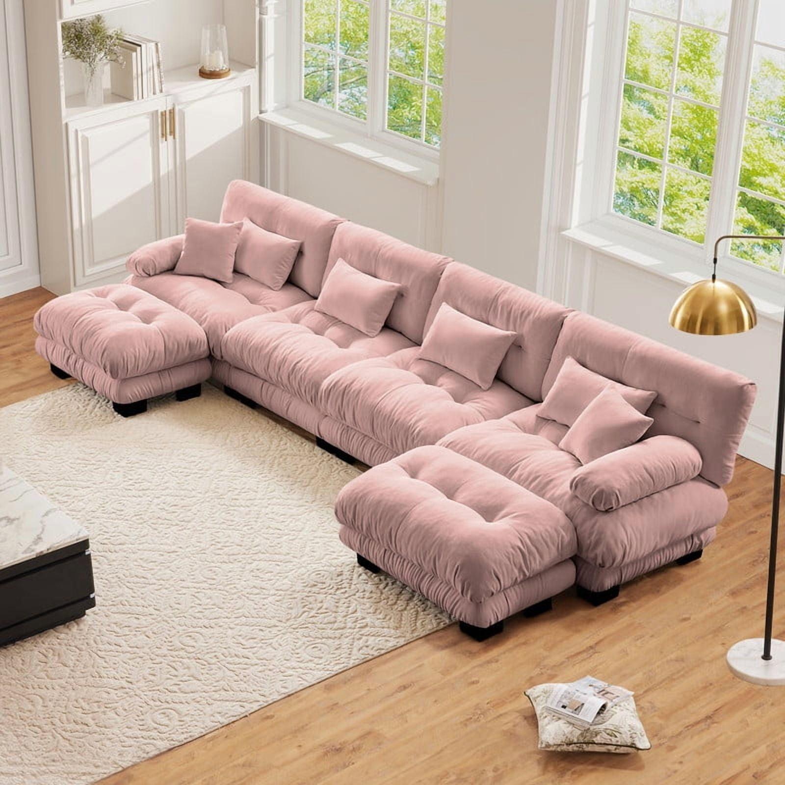 FFH Loveseat with Ottoman, 94.4" Oversized Cloud Sofa, L-Shaped Sectional Couch for Living Room (Chenille Pink, 2 Seater with 1 Ottoman)