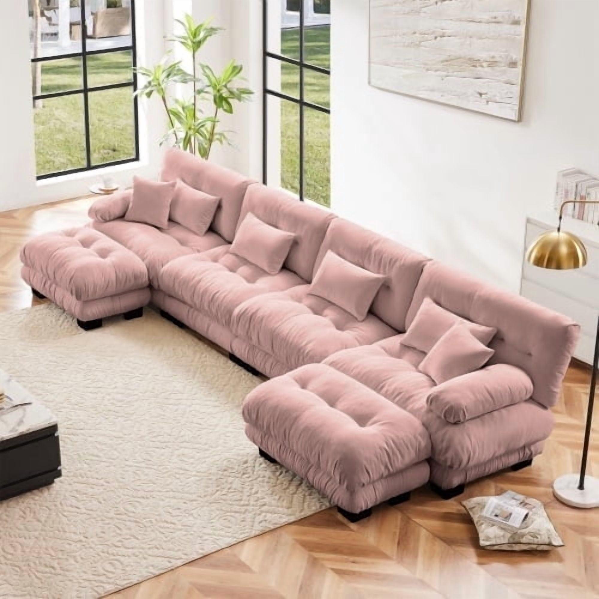 FFH Loveseat with Ottoman, 94.4" Oversized Cloud Sofa, L-Shaped Sectional Couch for Living Room (Chenille Pink, 2 Seater with 1 Ottoman)