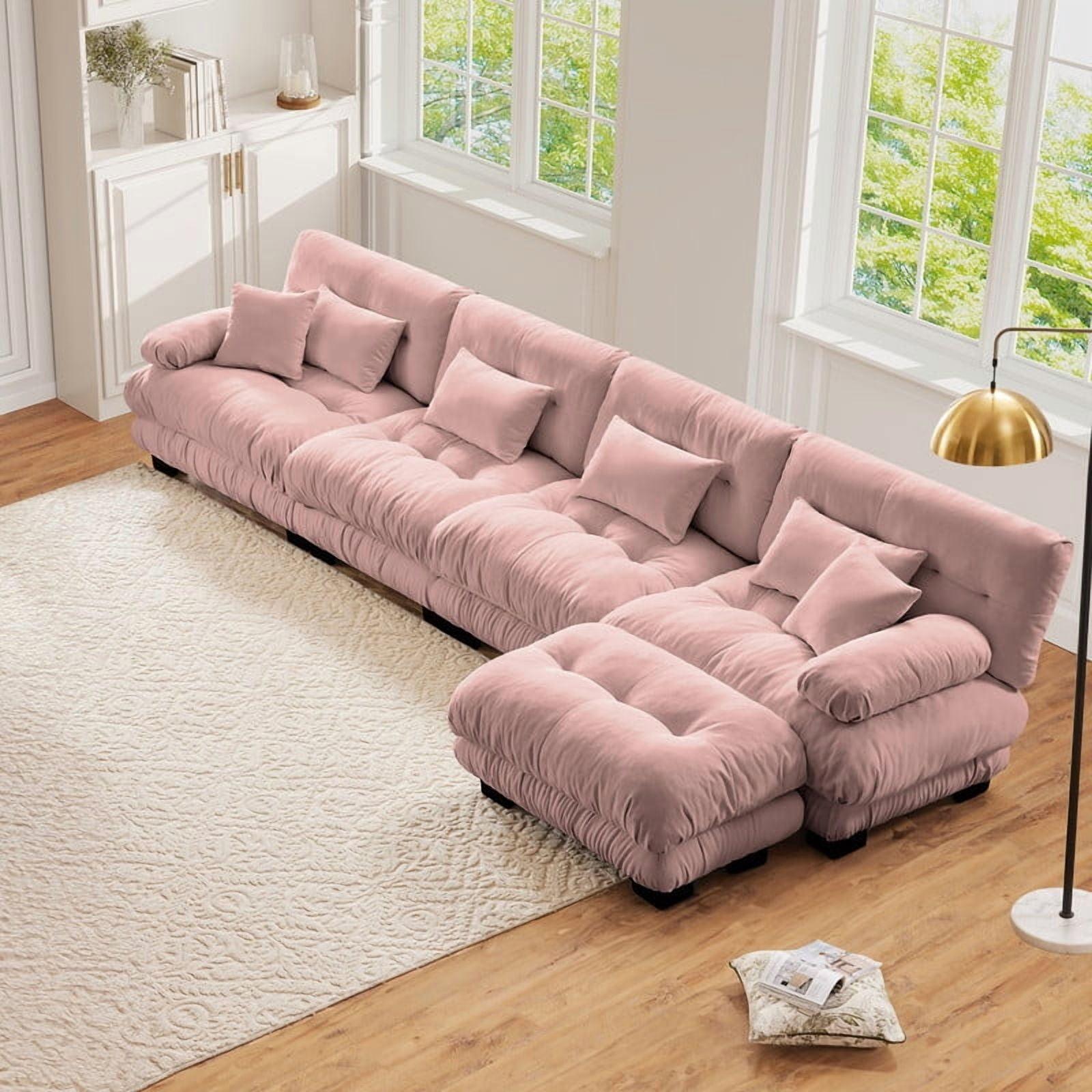 FFH Loveseat with Ottoman, 94.4" Oversized Cloud Sofa, L-Shaped Sectional Couch for Living Room (Chenille Pink, 2 Seater with 1 Ottoman)