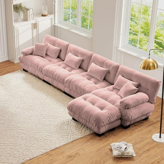 FFH Loveseat with Ottoman, 94.4" Oversized Cloud Sofa, L-Shaped Sectional Couch for Living Room (Chenille Pink, 2 Seater with 1 Ottoman)