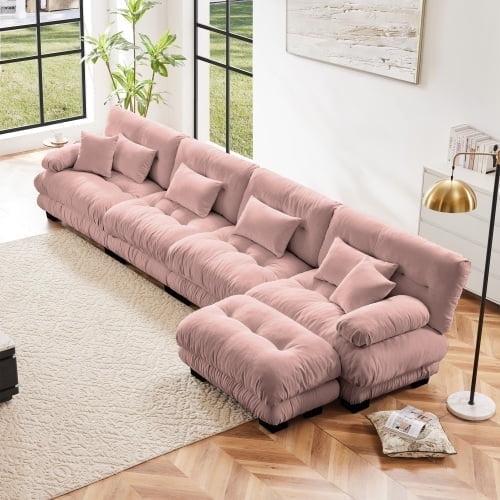 FFH Loveseat with Ottoman, 94.4" Oversized Cloud Sofa, L-Shaped Sectional Couch for Living Room (Chenille Pink, 2 Seater with 1 Ottoman)