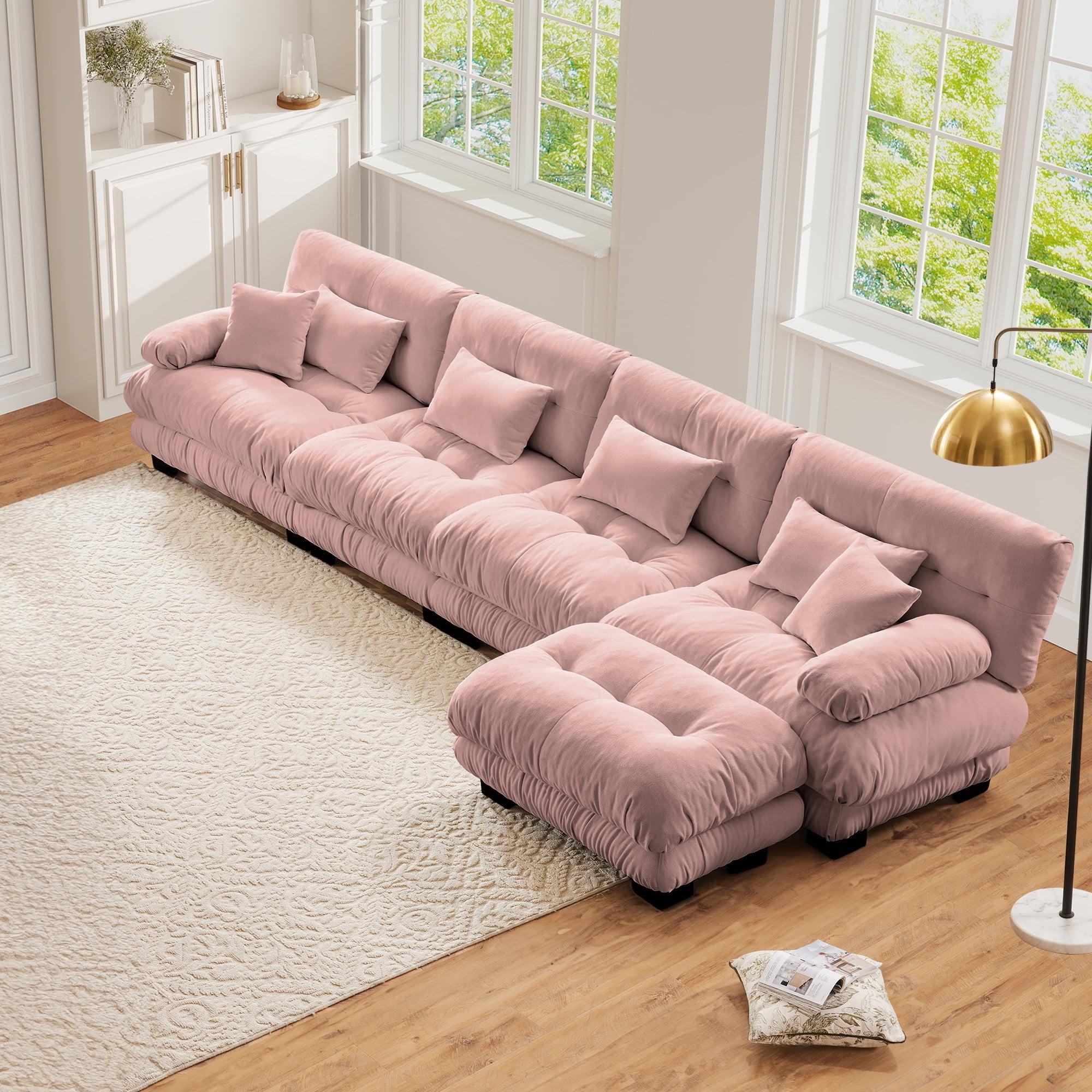 FFH Loveseat with Ottoman, 94.4" Oversized Cloud Sofa, L-Shaped Sectional Couch for Living Room (Chenille Pink, 2 Seater with 1 Ottoman)