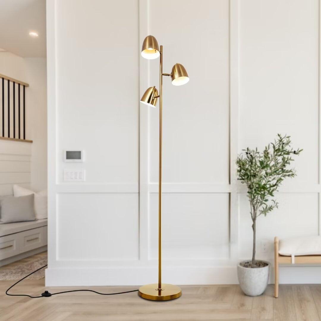 Brightech Jacob 64" Modern 3-Light Adjustable LED Floor Lamp with Gold Brass Finish and Metal Cone Shades, Bulbs Included