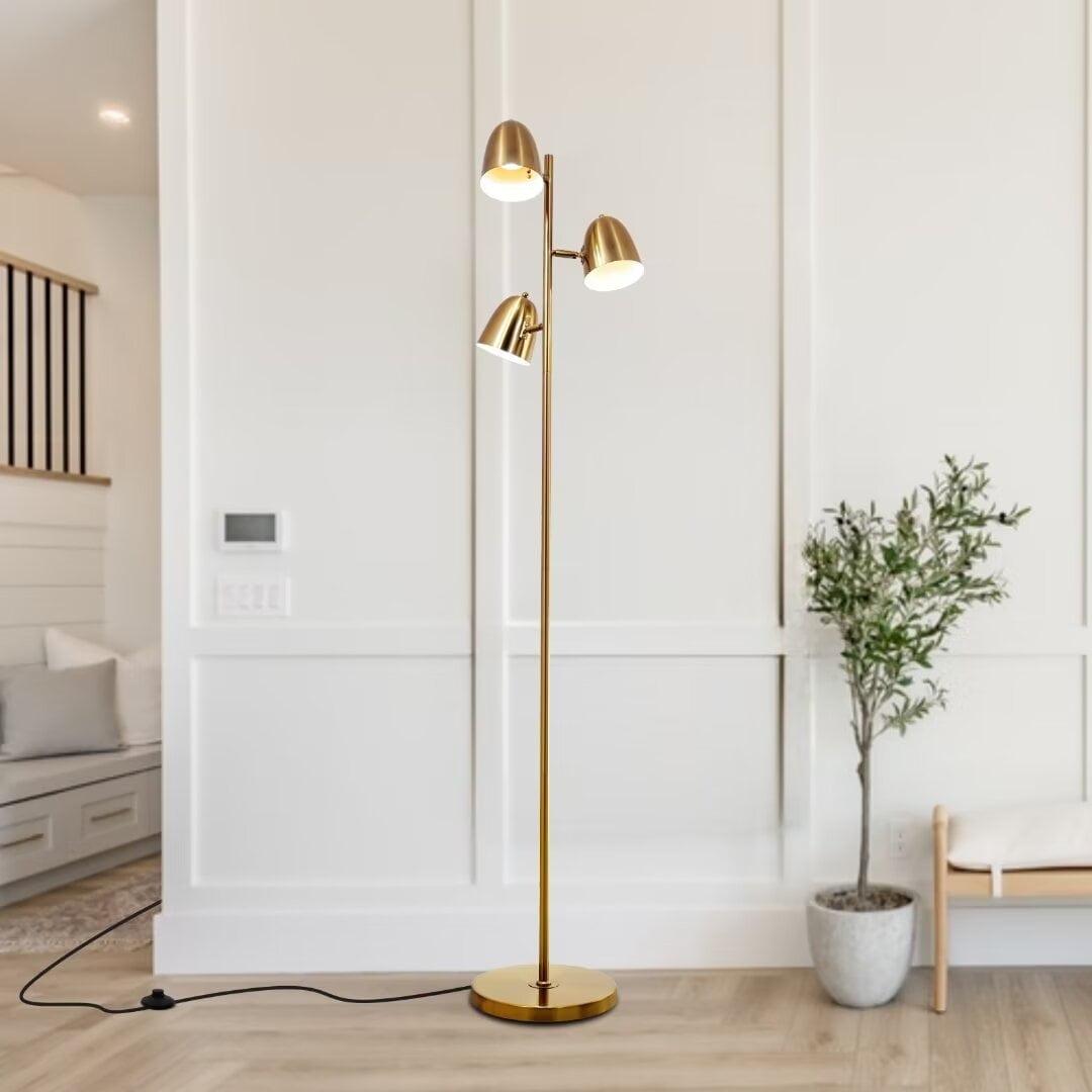 Brightech Jacob 64" Modern 3-Light Adjustable LED Floor Lamp with Gold Brass Finish and Metal Cone Shades, Bulbs Included