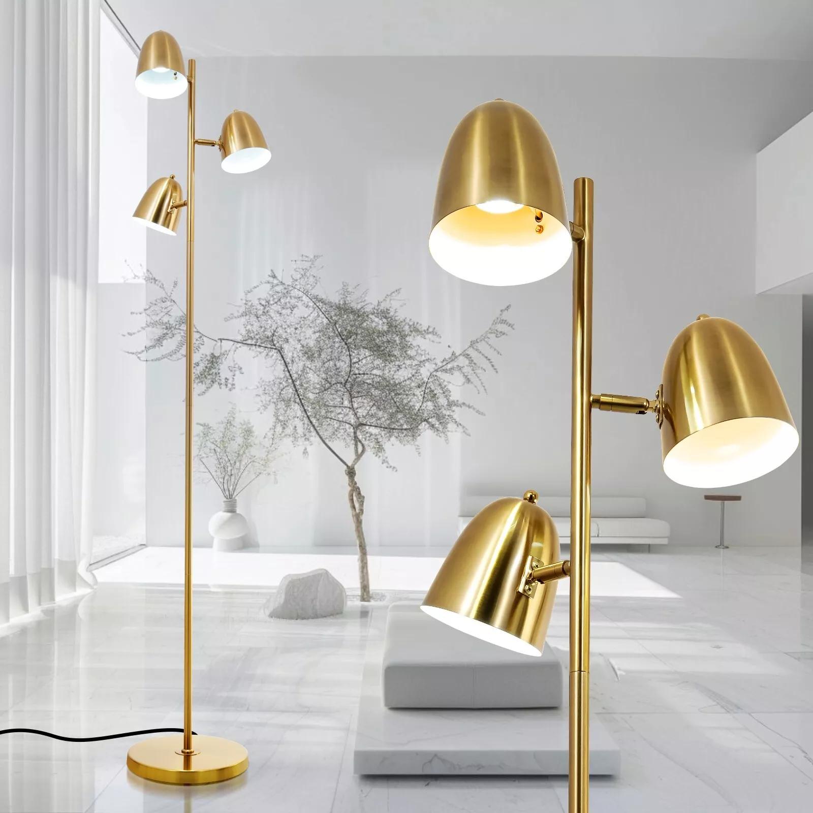 Brightech Jacob 64" Modern 3-Light Adjustable LED Floor Lamp with Gold Brass Finish and Metal Cone Shades, Bulbs Included