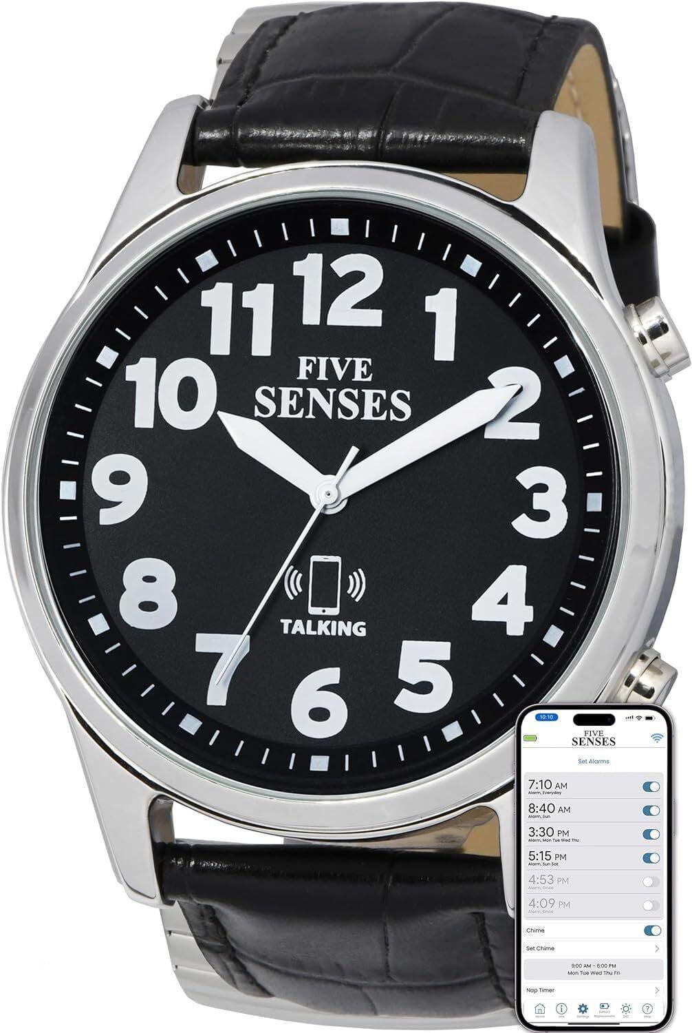 FIVE SENSES Jumbo Smart Atomic Talking Watch with Voice Reminders and App Control for Seniors and Visually Impaired - Great Gift for Blind Men and Women. Metal Talking Watches for The Blind (Black)