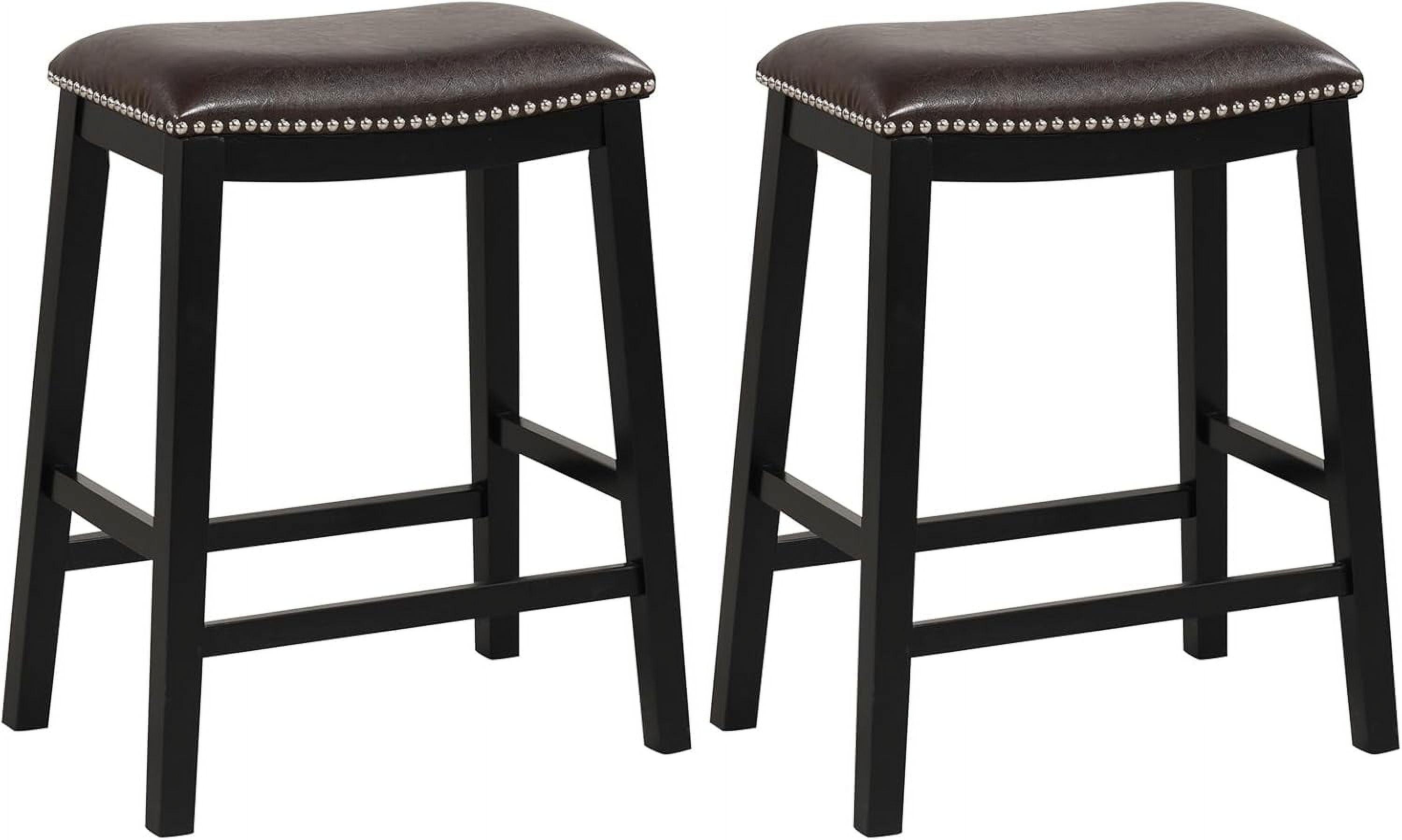 Brown Faux Leather Saddle Bar Stools with Wood Frame, Set of 2