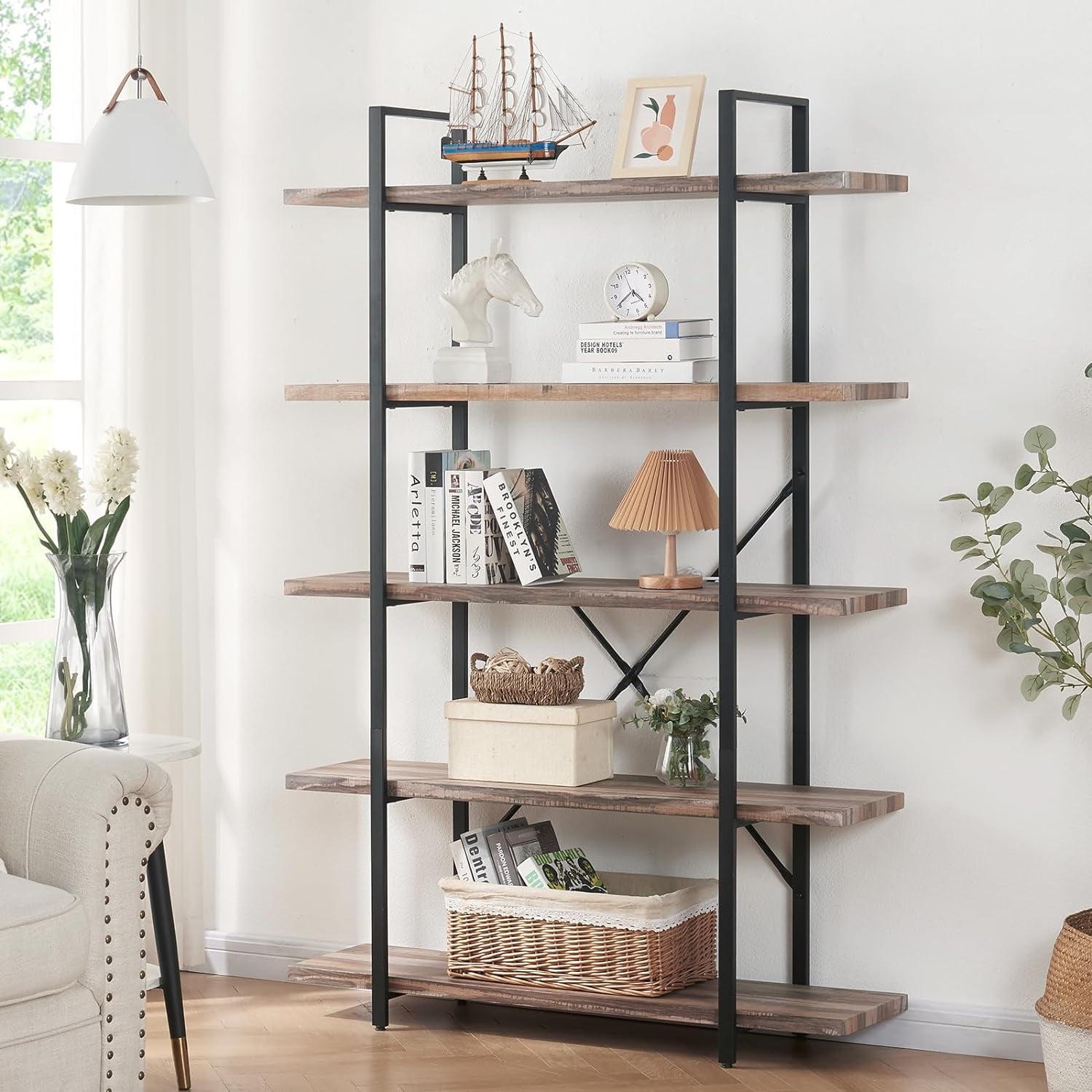 Rustic Brown 5-Tier Adjustable Wood & Metal Ladder Bookshelf