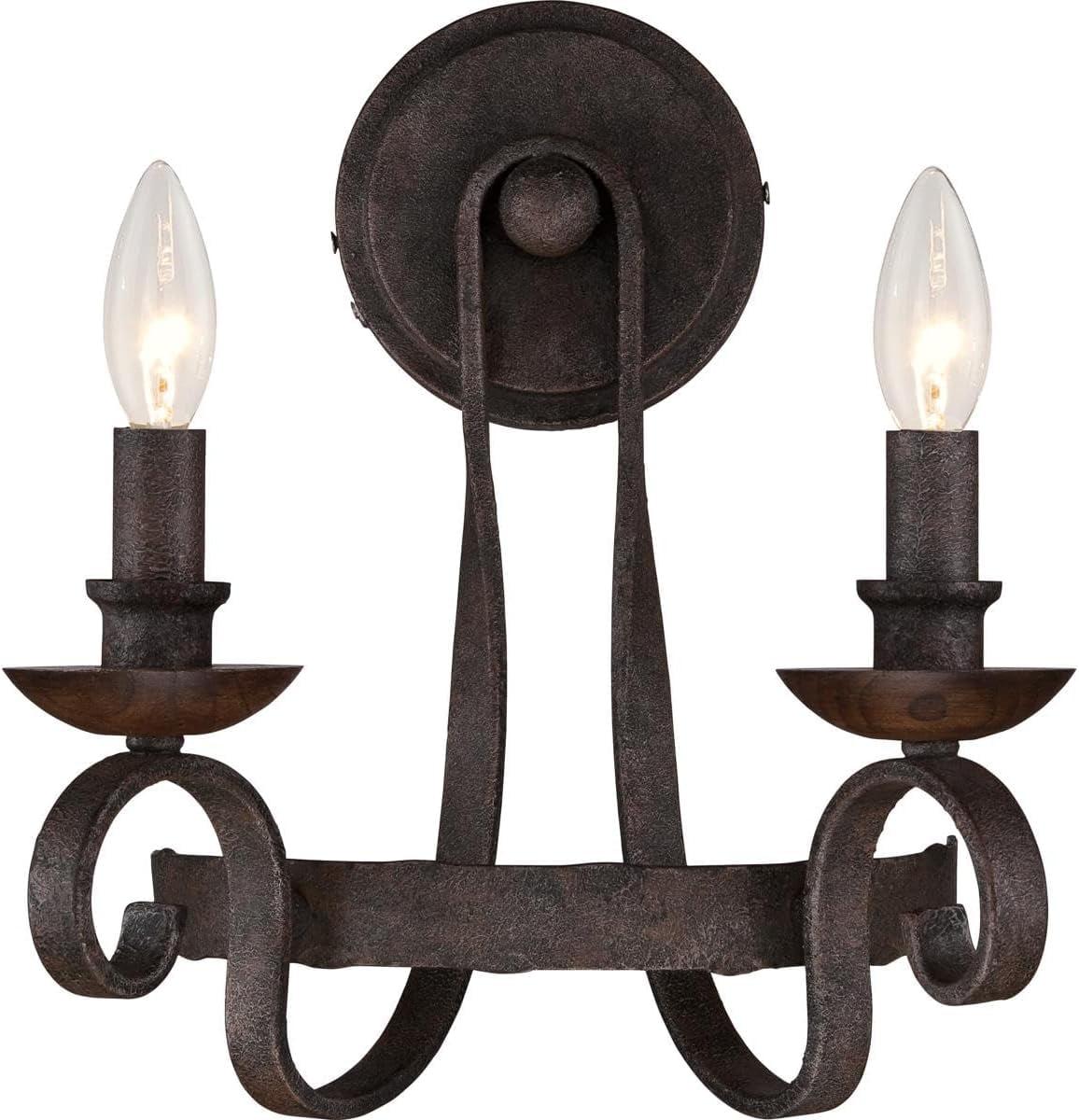 Rustic Black Hammered Metal and Walnut 2-Light Sconce