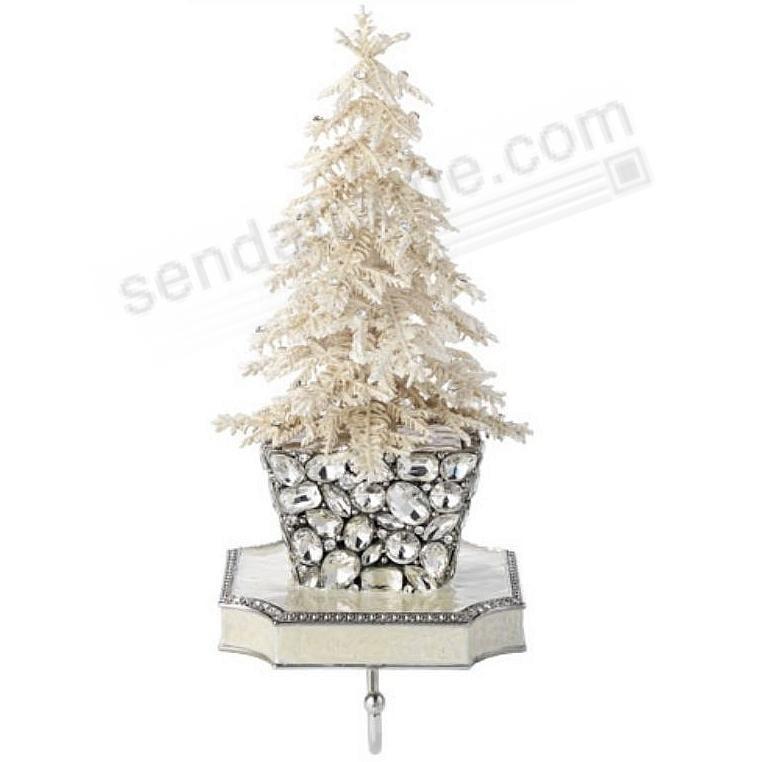 White Flocked Crystal Tree Stocking Holder with Pewter Base