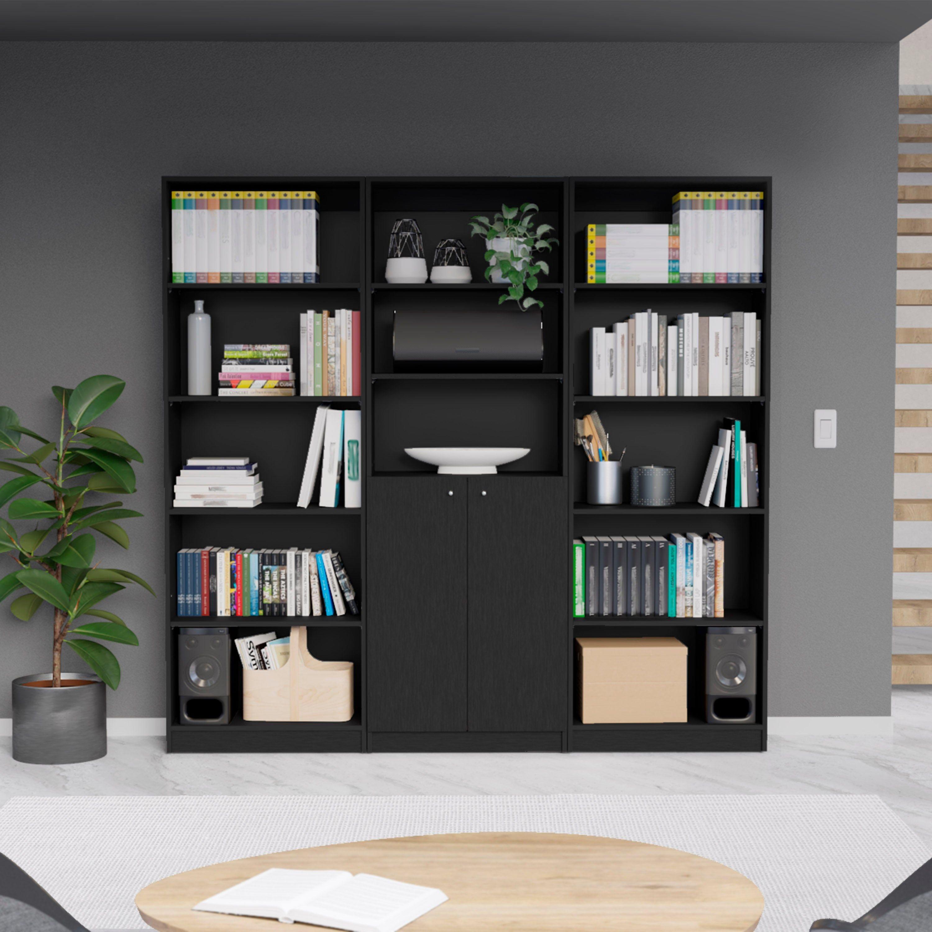 Bayard Black Wood 3 Piece Bookcase Set with Doors