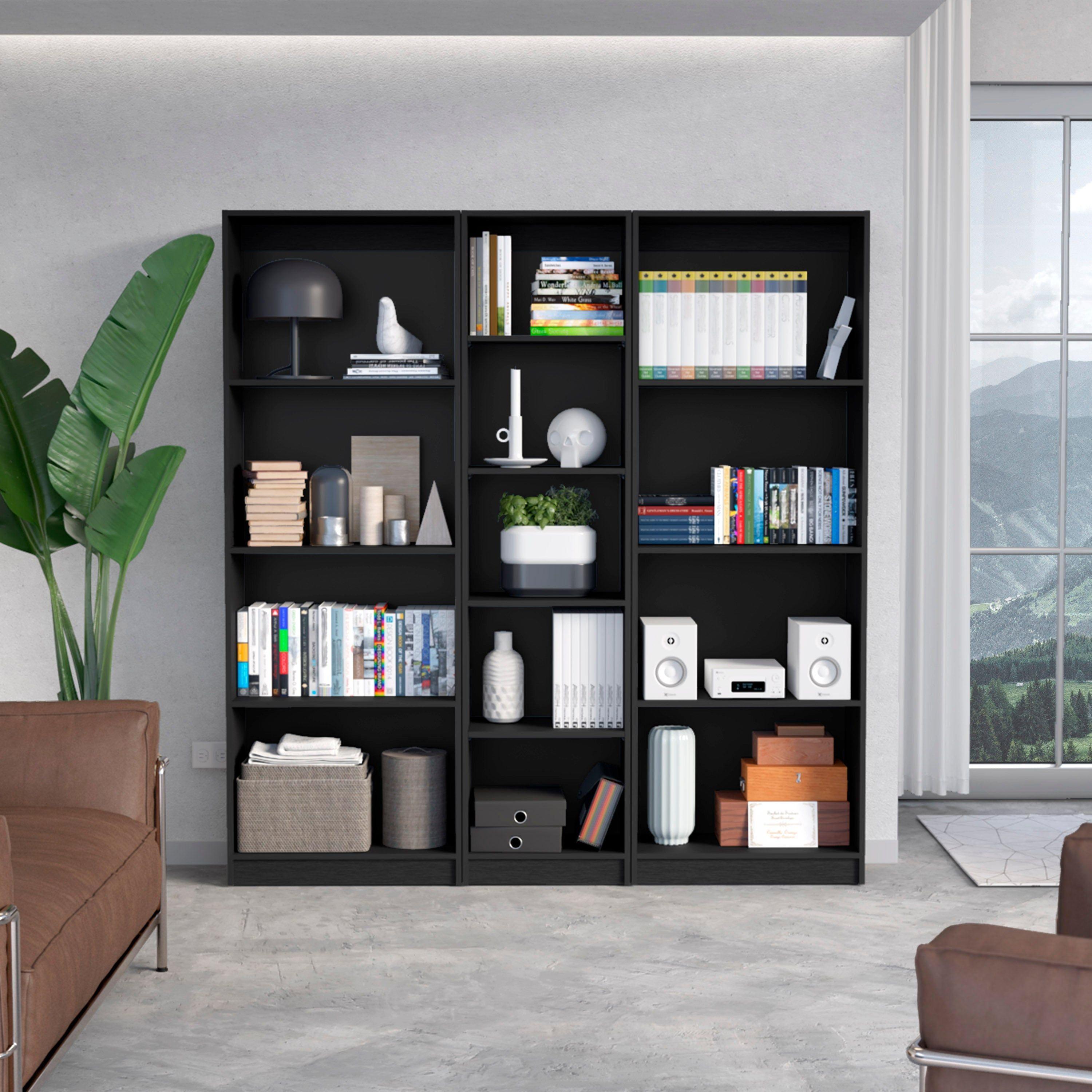 Clay Black Engineered Wood 3-Piece Living Room Bookcase Set