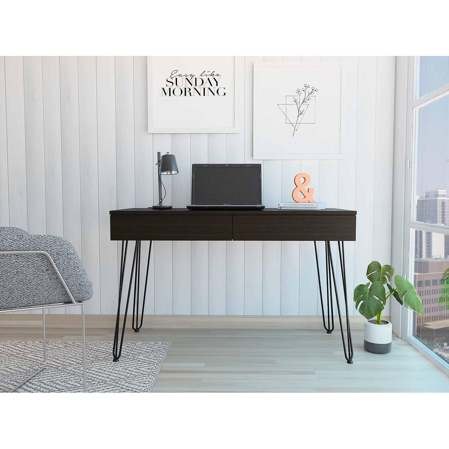 Depot E-Shop Writing Desk with 2-Drawers and Hairpin Legs