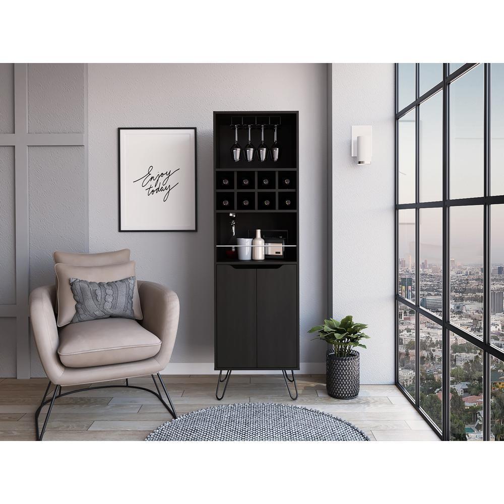 Sheffield Tall Black Wenge Metal Bar Cabinet with Wine Storage