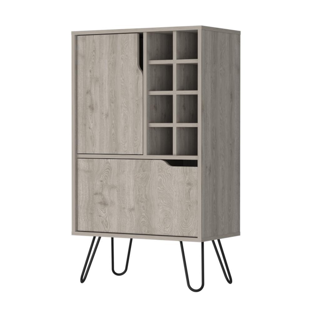 Sheffield Light Gray Metal and Wood Bar Cabinet with 8 Bottle Cubbies