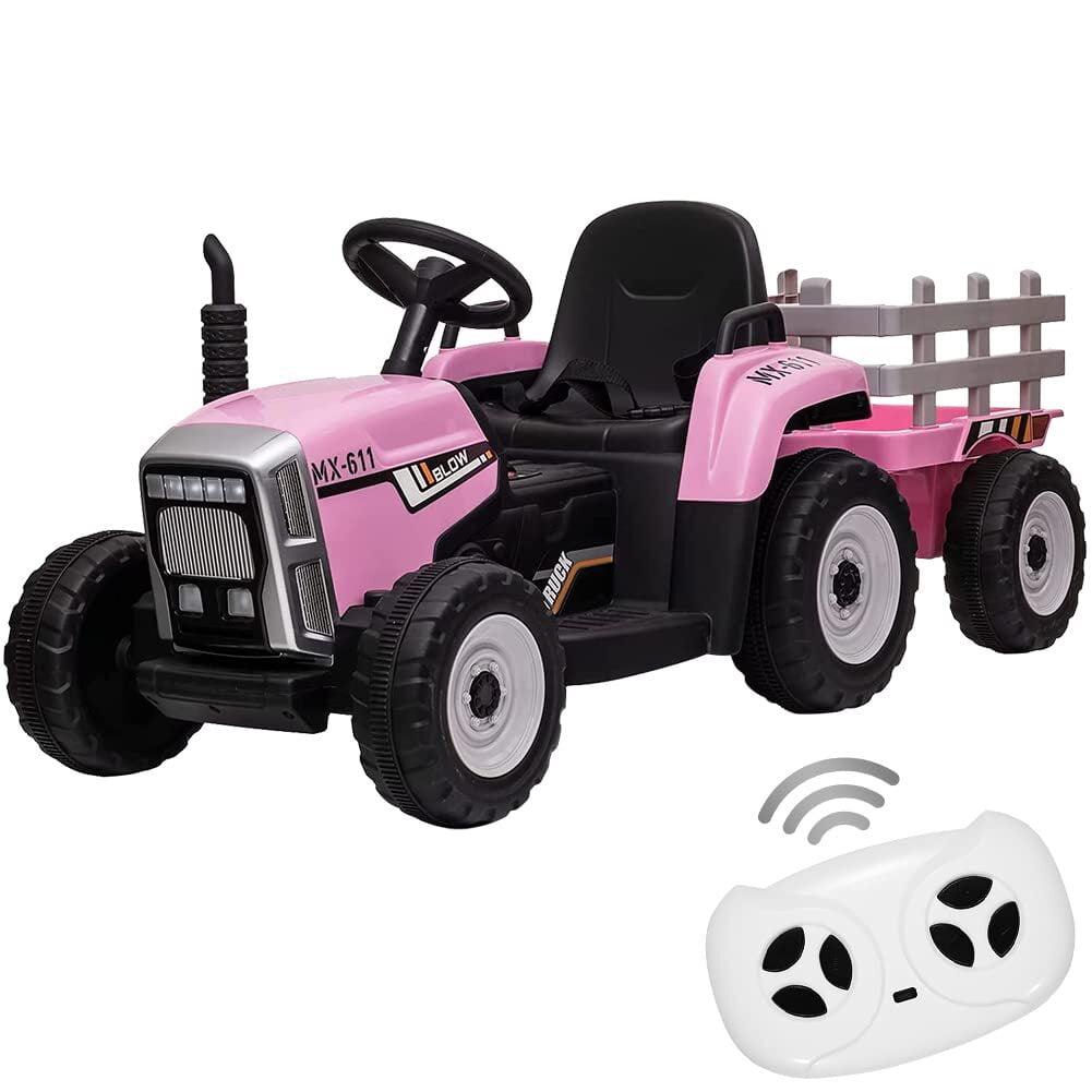 12V Kids Battery Powered Electric Tractor with Remote Control and Trailer Toddler Ride Car With 7LED Headlight and 2+1 Gear Shift Music USB Port Suitable for Children 3+