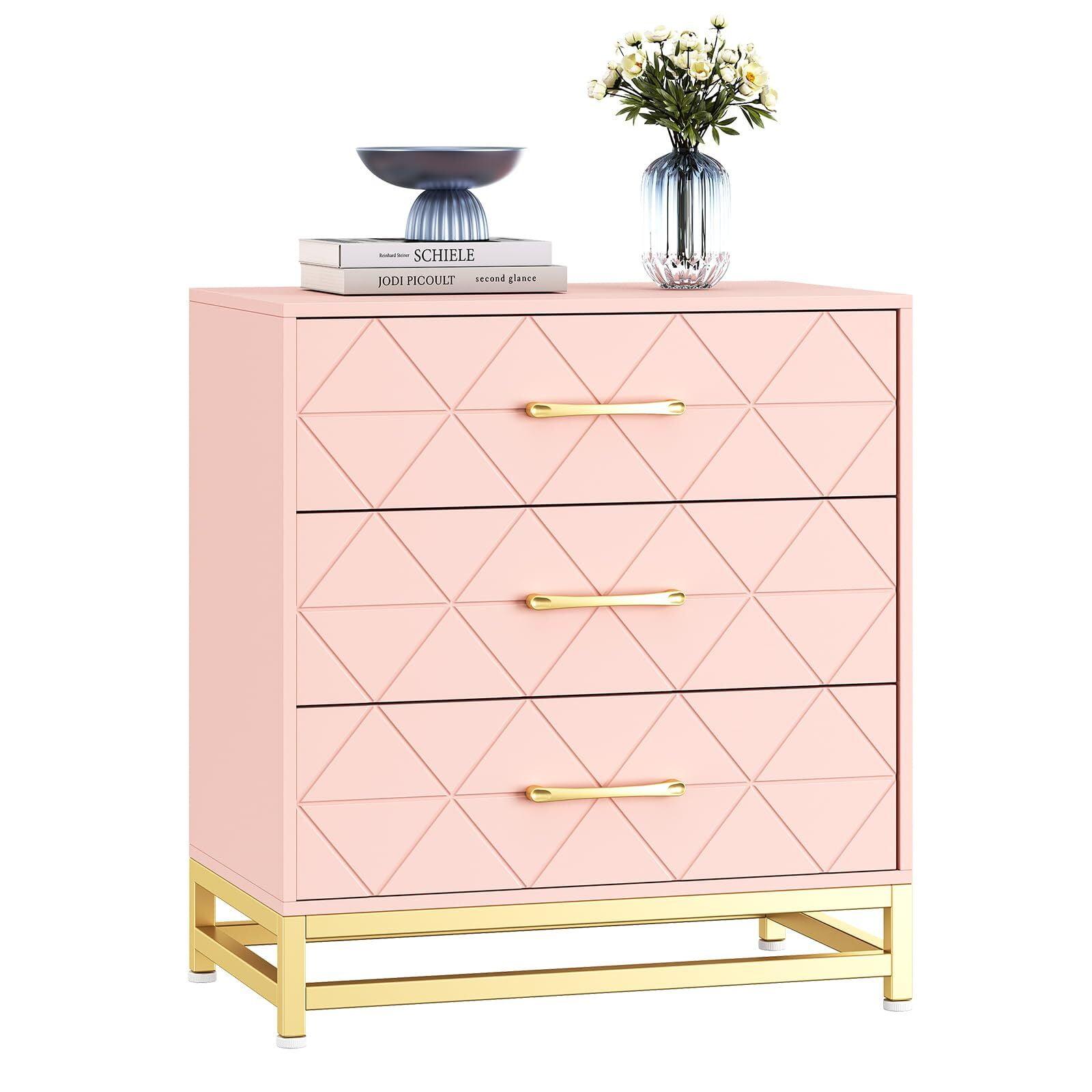 Pink 3-Drawer Wood Dresser with Gold Handles