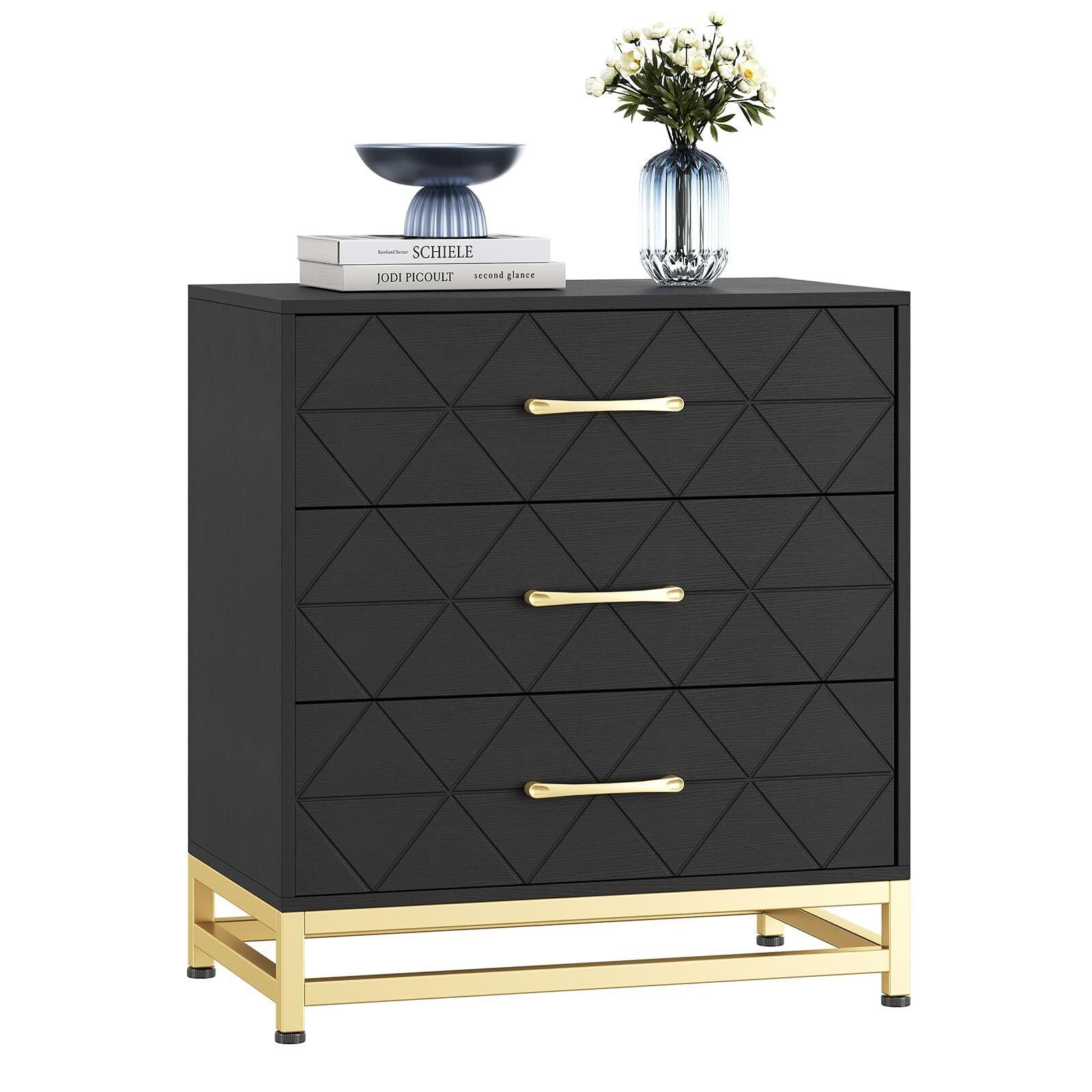 Black 3-Drawer Dresser with Gold Handles and Metal Legs