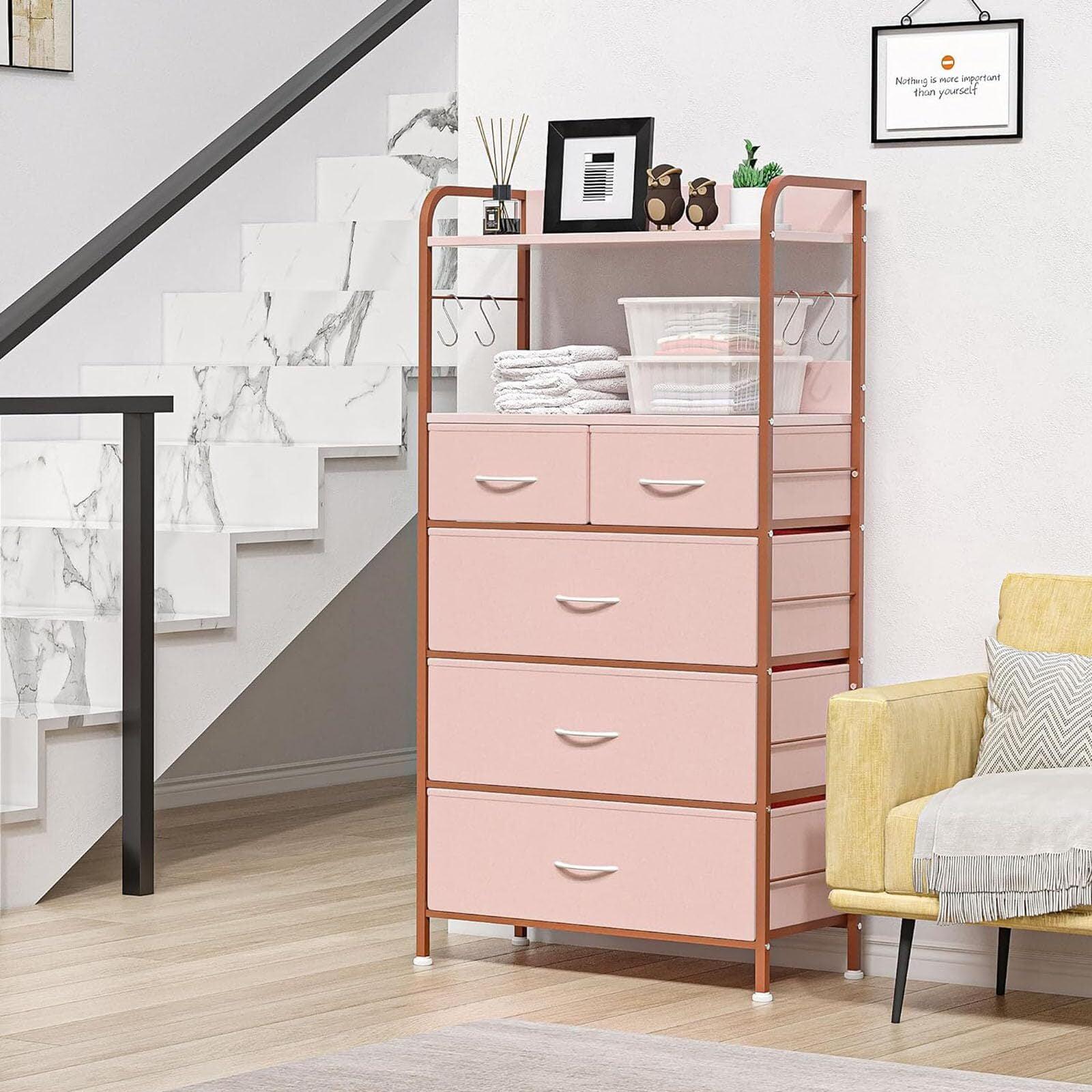 Pink 5-Drawer Vertical Fabric Dresser with Open Shelf