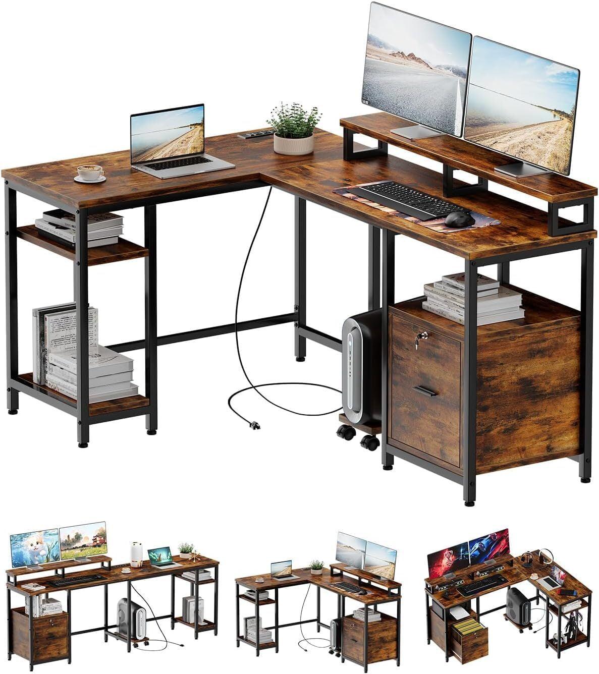 Rustic Brown L-Shaped Computer Desk with Drawer and Power Outlet