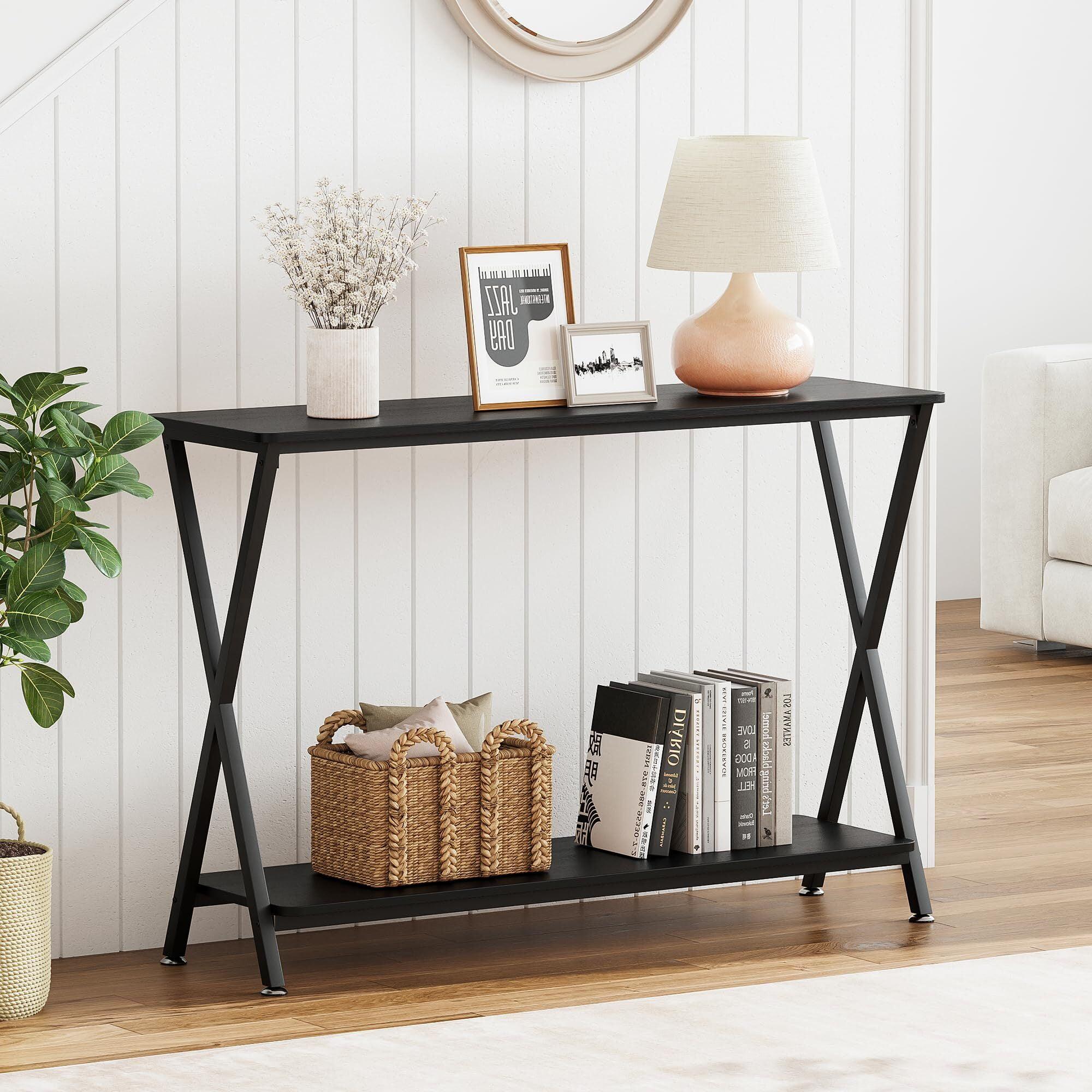 Black Wood and Metal Console Table with Storage Shelf