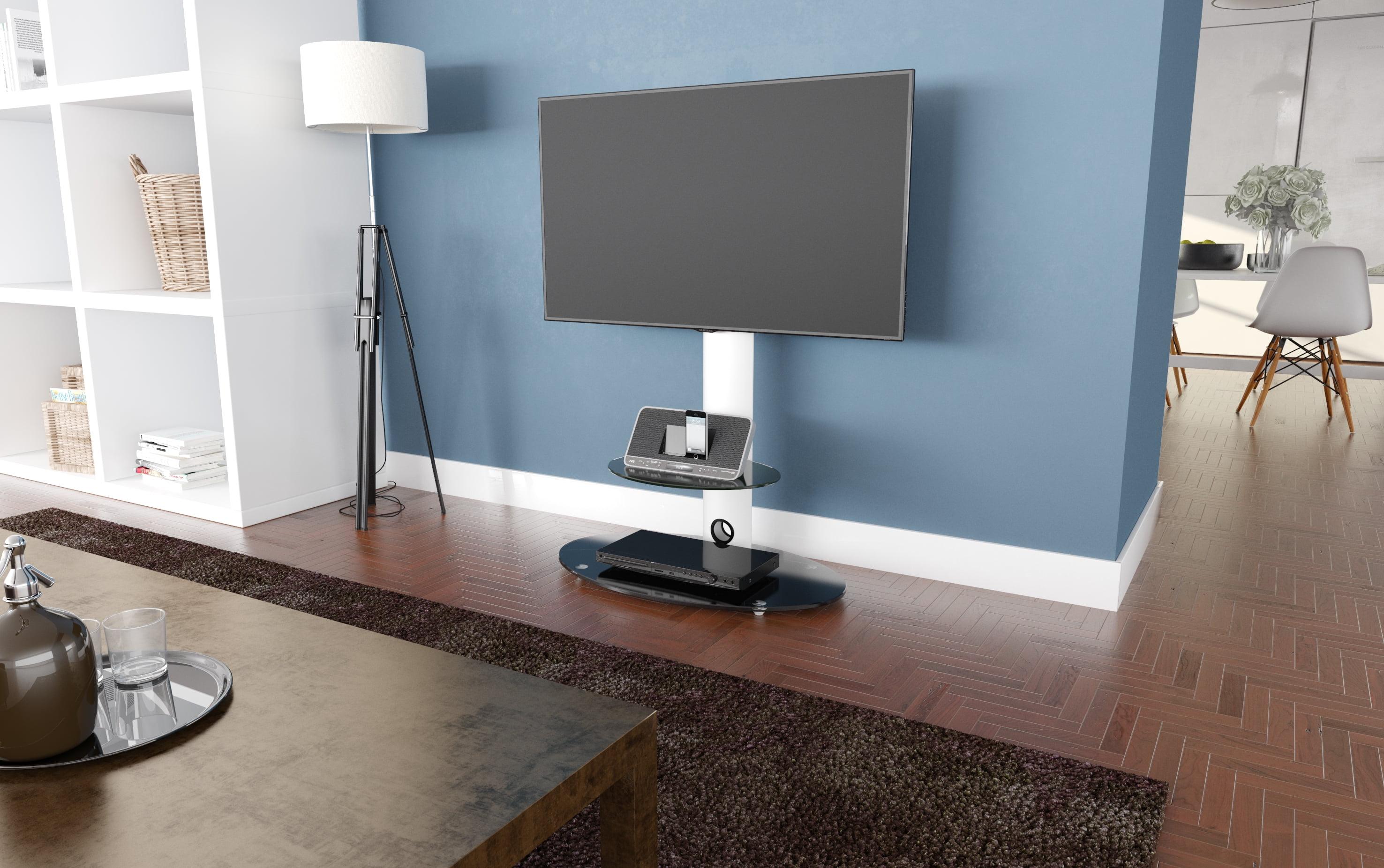 Satin White Metal TV Floor Stand with Black Glass Shelves