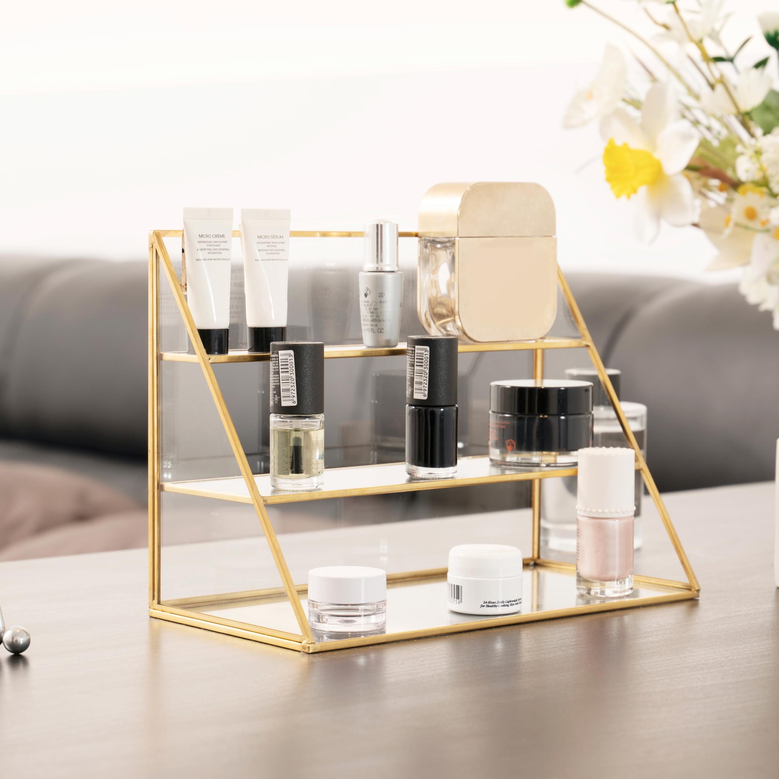 FSyueyun Gold Makeup Organizer Case Vanity, 3 Layers Glass Makeup Storage Cosmetics Organizer Earring Ring Holder Display Case