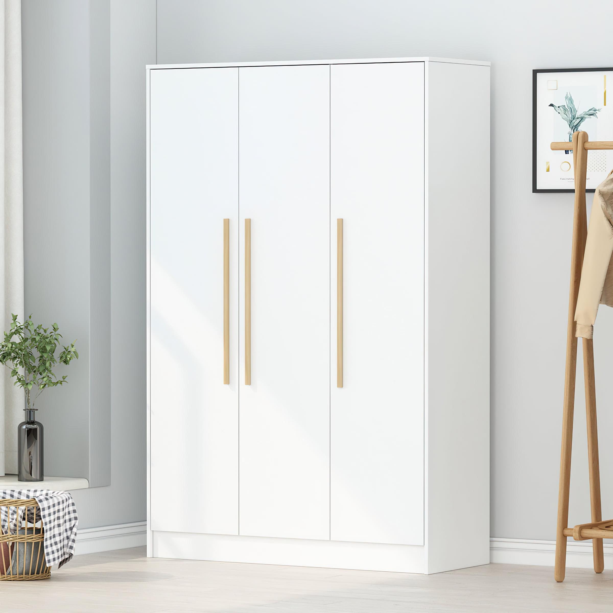 White MDF 3-Door Wardrobe with Solid Wood Handles