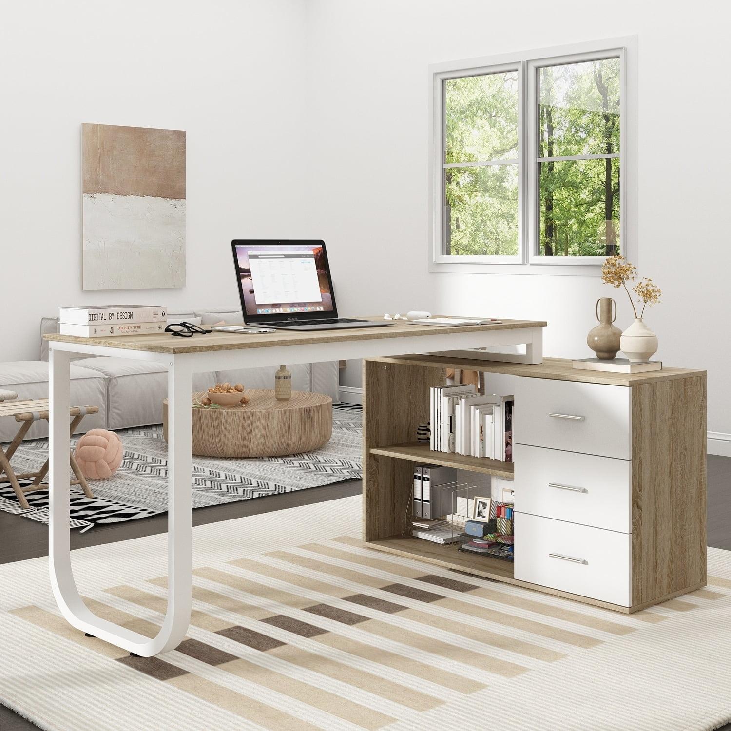 Oak L-Shaped Executive Desk with White Drawers and Shelves