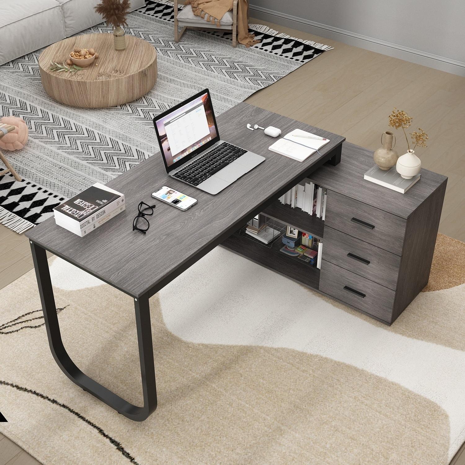 FUFU&GAGA L-shaped executive desk With 3 Drawers for Home and Office Taupe