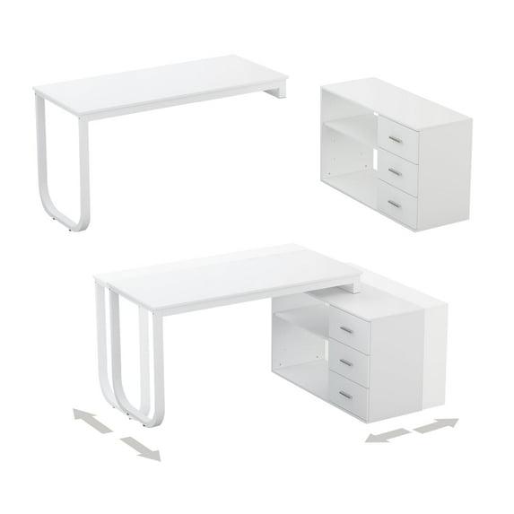 FUFU and GAGA L-Shaped Desk with 3 Drawers, White, MDF Finish