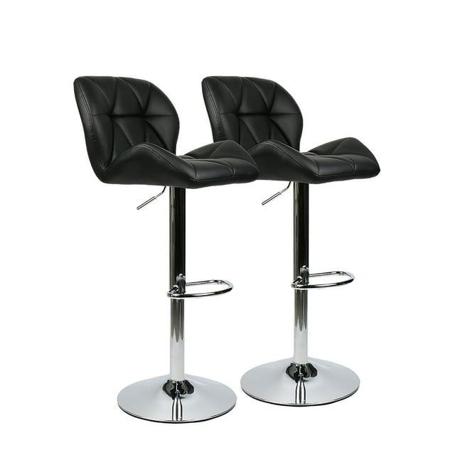 Modern Black Faux Leather Adjustable Swivel Bar Stools, Set of 2
