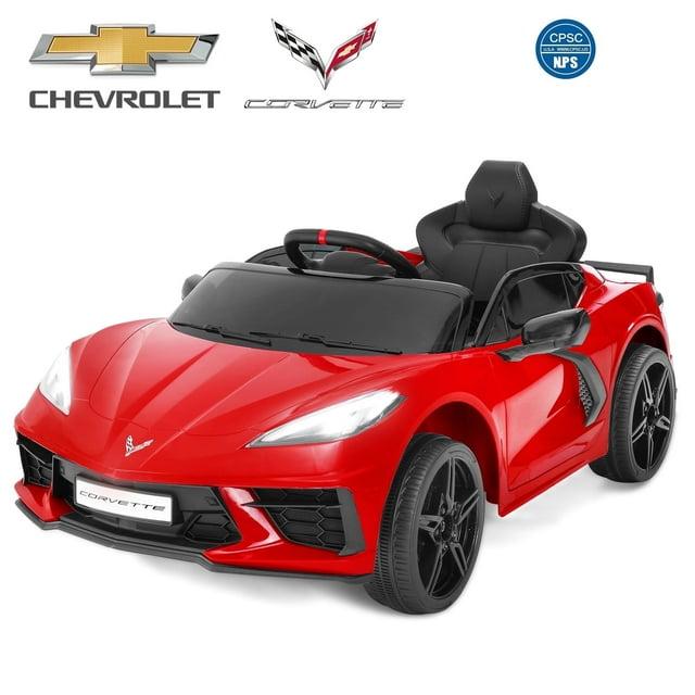 FUNTOK Licensed Chevrolet Corvette C8 12V Kids Electric Ride on Car Toy, Battery Powered Car Truck with Remote Control, Bluetooth, 3 Speeds, LED Headlight, Music Player & Spring Suspension, Red