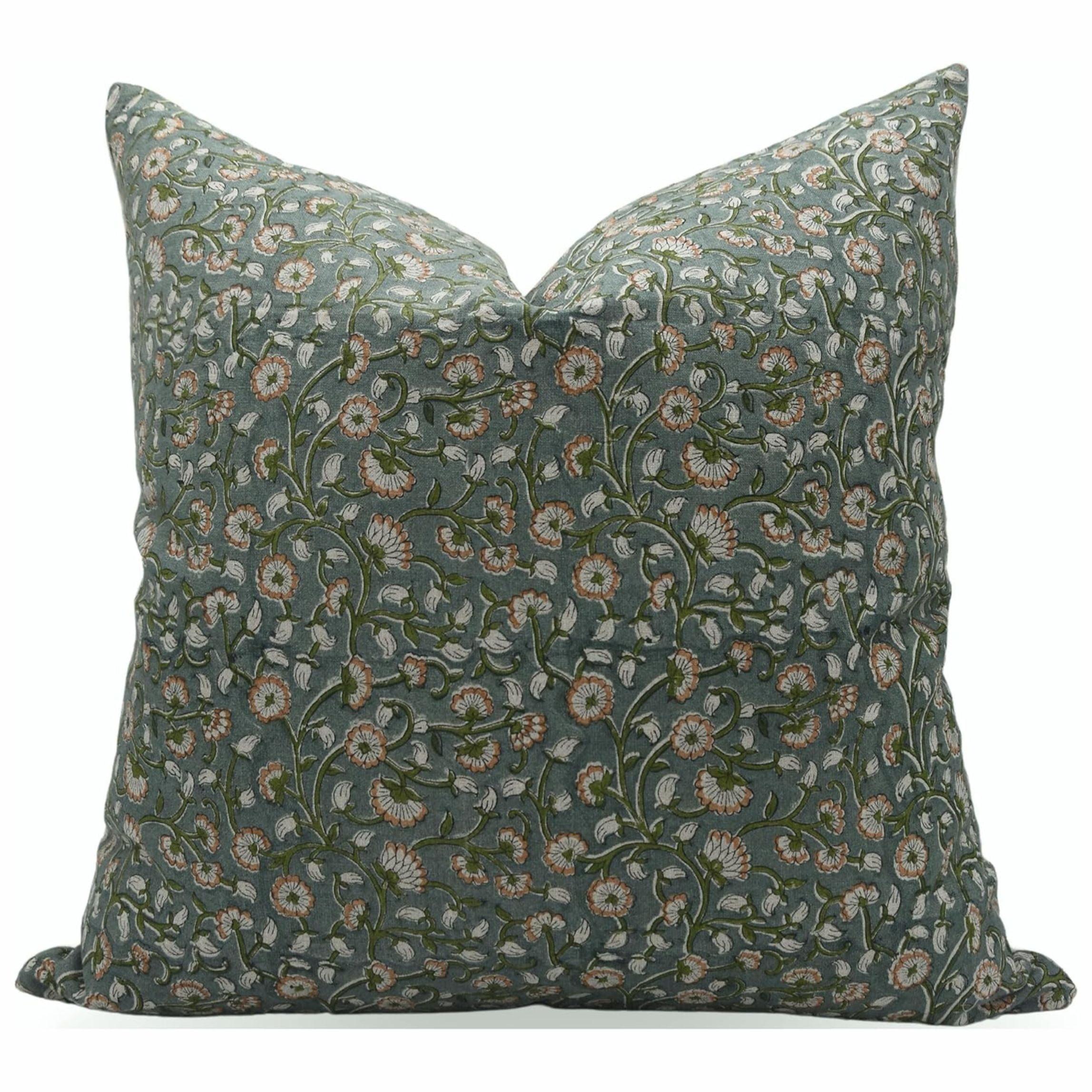 Fabdivine Block Print Throw Pillow Cover, 14x14 Inch Thick Linen Decorative Cushion Cover, Floral Print Boho Design Green Pillow Cover for Sofa and Couch