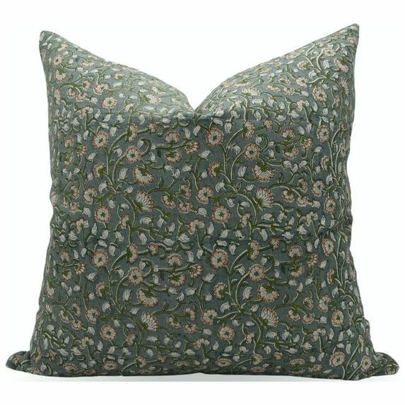 Fabdivine Block Print Throw Pillow Cover, 14x14 Inch Thick Linen Decorative Cushion Cover, Floral Print Boho Design Green Pillow Cover for Sofa and Couch