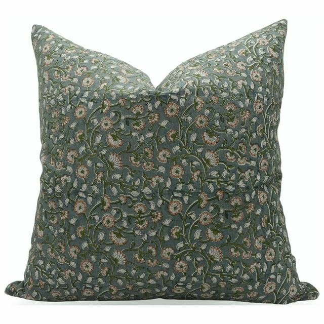 Fabdivine Block Print Throw Pillow Cover, 14x14 Inch Thick Linen Decorative Cushion Cover, Floral Print Boho Design Green Pillow Cover for Sofa and Couch