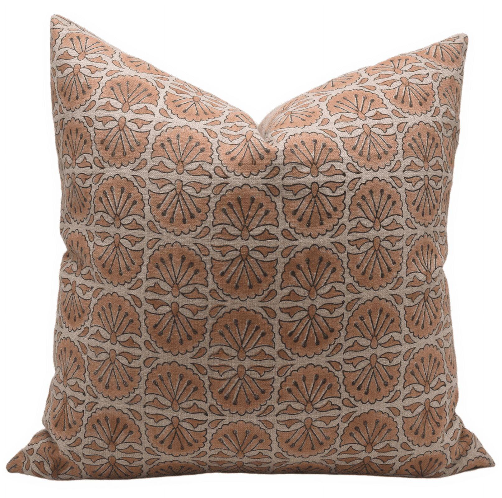 Rust and Beige Floral Block Print Linen Pillow Cover, 18x18 Inch