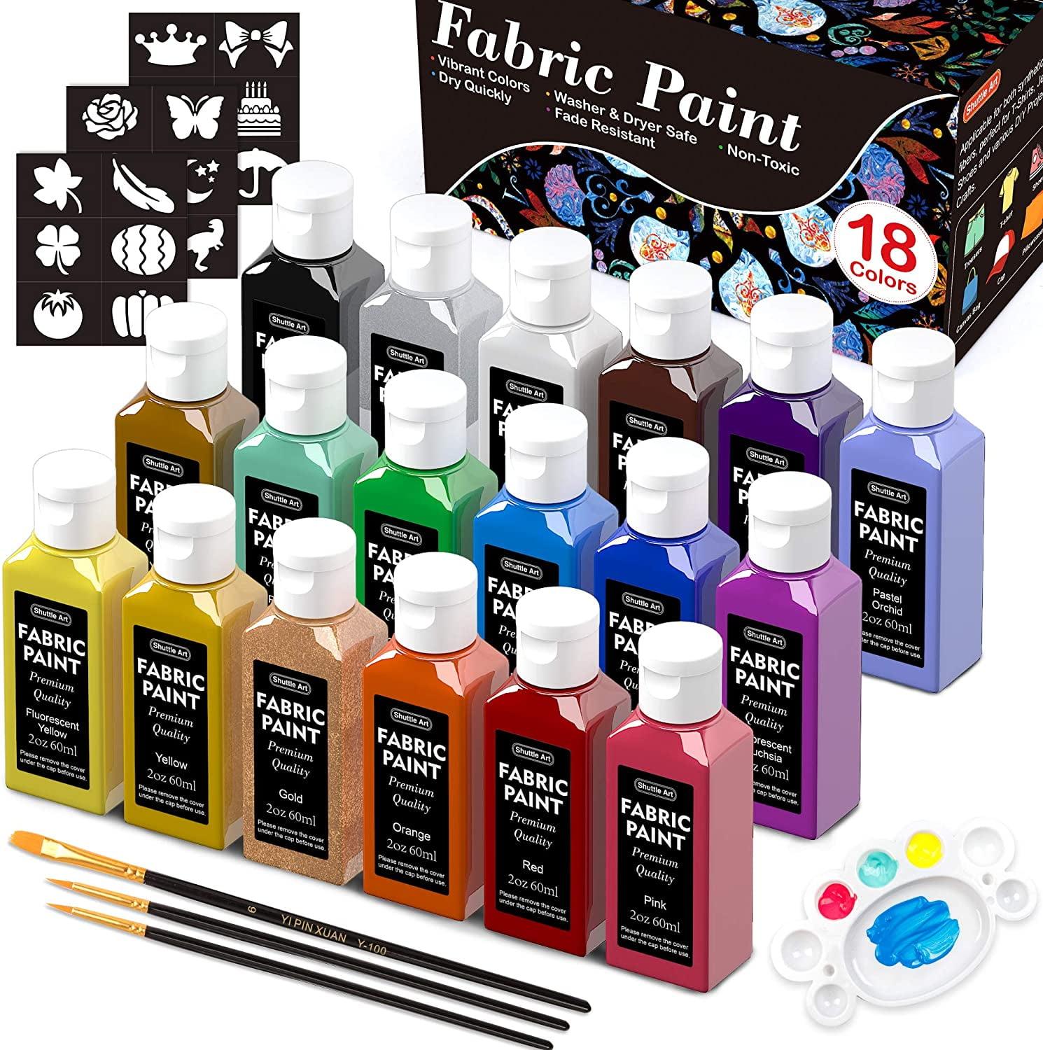 Metallic Fabric Paint, Shuttle Art 18 Metallic Colors Permanent Soft Fabric Paint in Bottles (60ml/2oz) with Brush and Stencils, Non-Toxic Textile Paint for T-shirts, Shoes, Jeans, Bags & DIY Projects