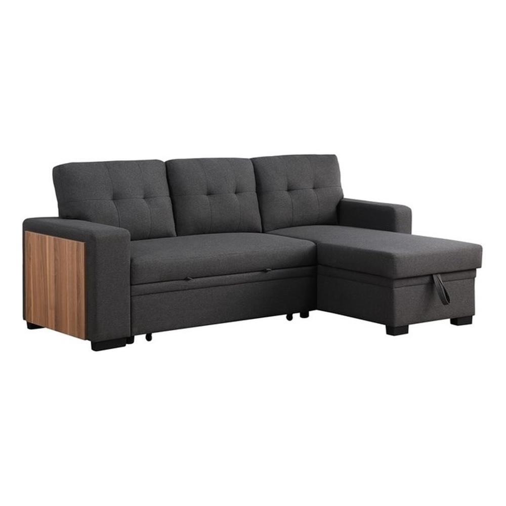 Dark Gray Tufted Fabric Reversible Sectional Sofa with Storage and Cup Holder