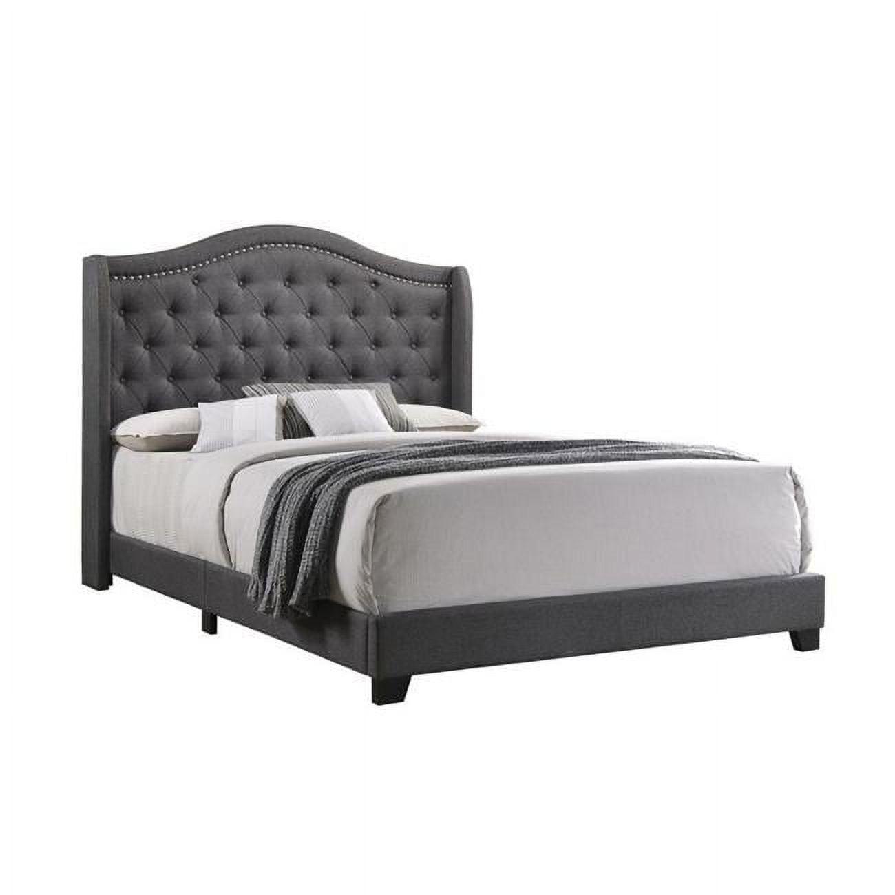 Elegant Gray Fabric Upholstered Queen Bed with Demi Wing Headboard