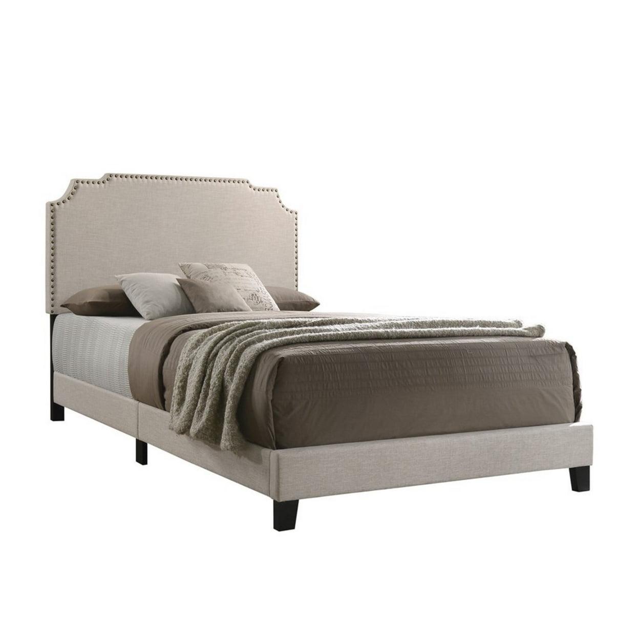 Beige Fabric Upholstered Queen Bed with Nailhead Trim and Wood Frame