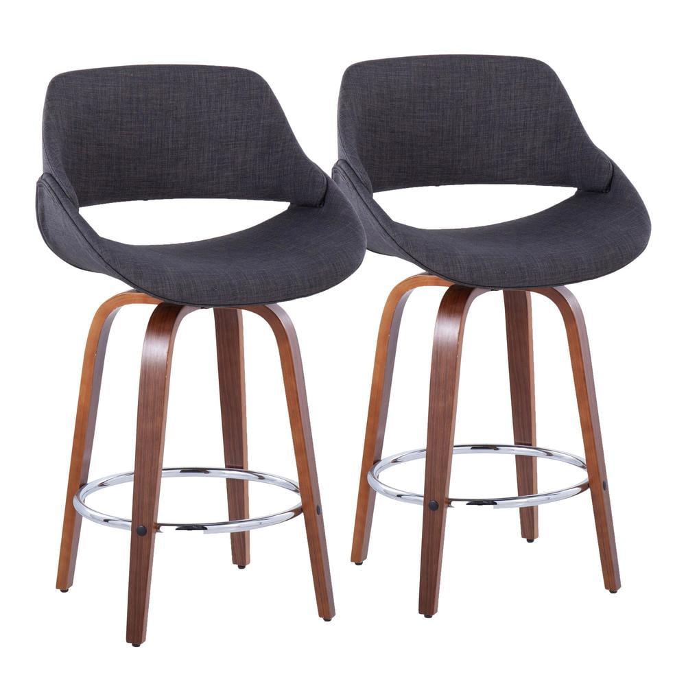 Walnut and Charcoal Swivel Counter Stools with Chrome Footrest, Set of 2