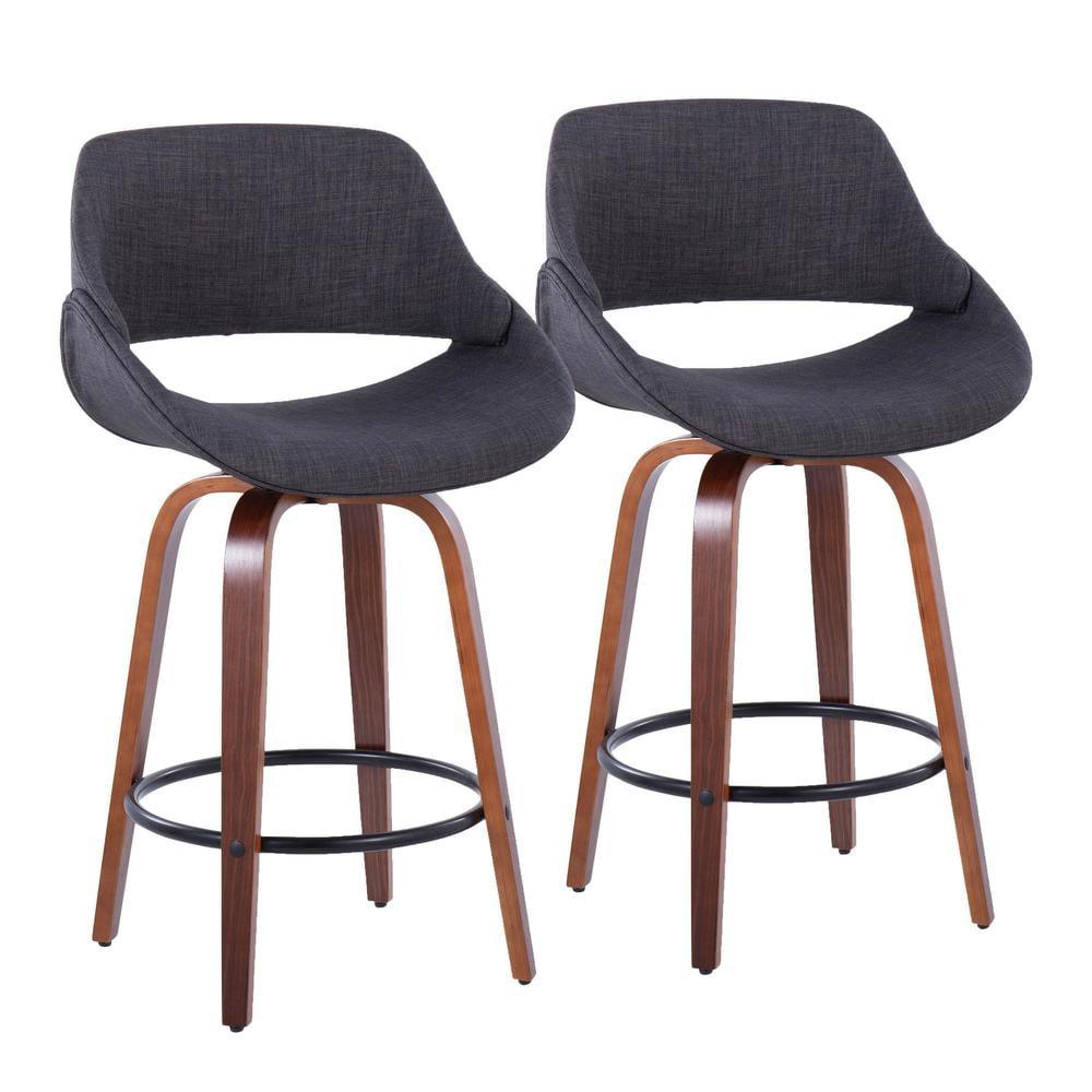 Set of 2 Fabrico Counter Height Barstools Walnut/Charcoal/Black - LumiSource: Mid-Century Modern Swivel, Upholstered